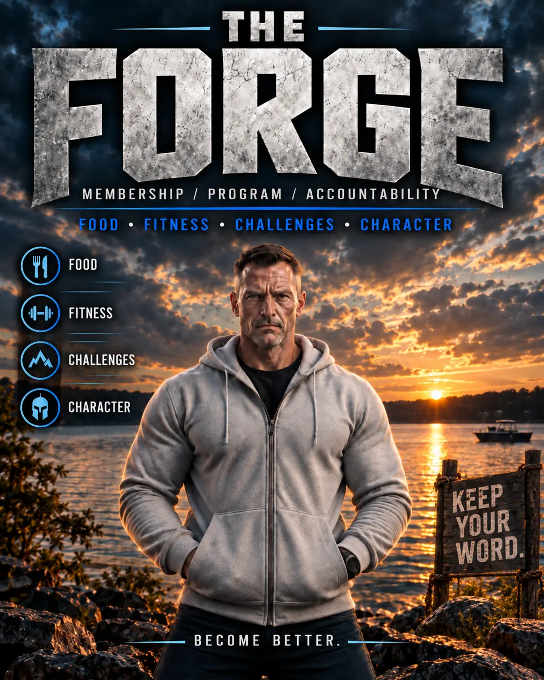 The Forge membership artwork beside a lake at sunset